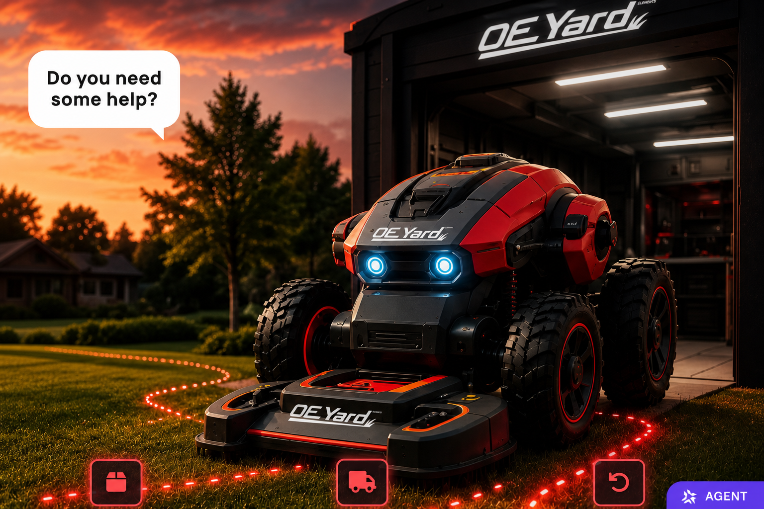Futuristic ProLawn Power mower robot outside a garage at sunset